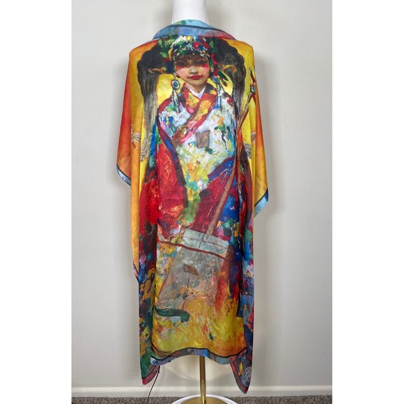 100% Silk Scarf Made in Mongolia Abstract Portrait Woman Watercolor Art to Wear - Picture 3 of 8